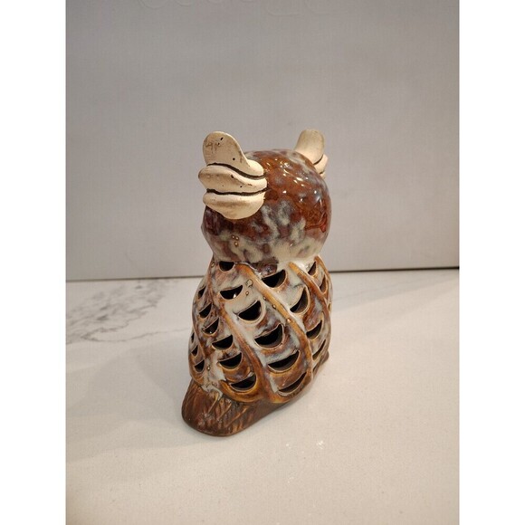 Owl Ceramic Gray & Brown Glazed Incense Tea Light Candle Holder 5 1/2" - Picture 4 of 10